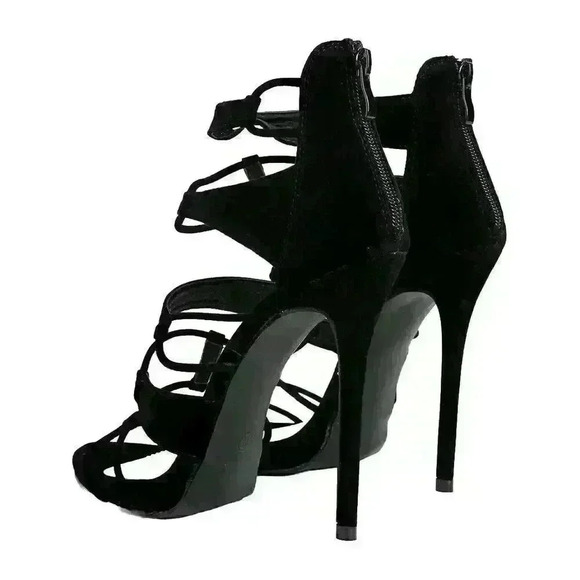 NEW NIB Boohoo Orla Multi Strap Black Faux Suede Cage Stiletto Heels Sandals - Picture 2 of 4